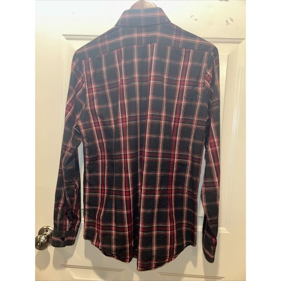 Express Men's Red Black Plaid Long Sleeve Button Down Flannel Shirt Medium - Picture 5 of 9